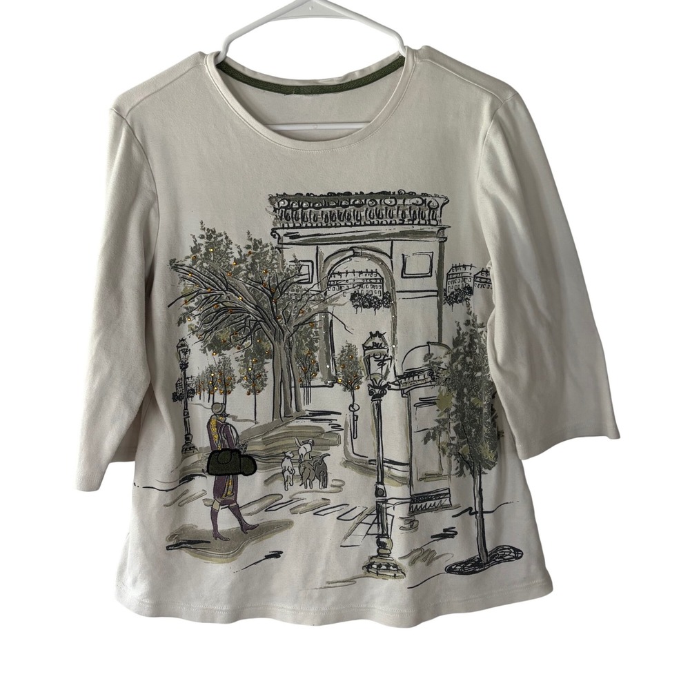 Christopher & Banks Paris Arc de Triomphe Sequin Graphic Top Cream 3/4 Sleeve L